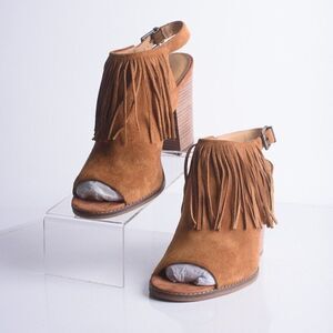 Lucky Brand Womens Liennah Brown Leather Slingback Fringe Heels 9.5 EU 39.5